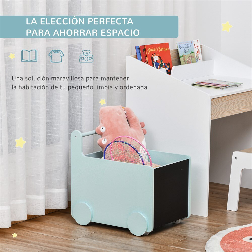 Caja de almacenamiento de juguetes infantil con ruedas, asa y 2 pizarras