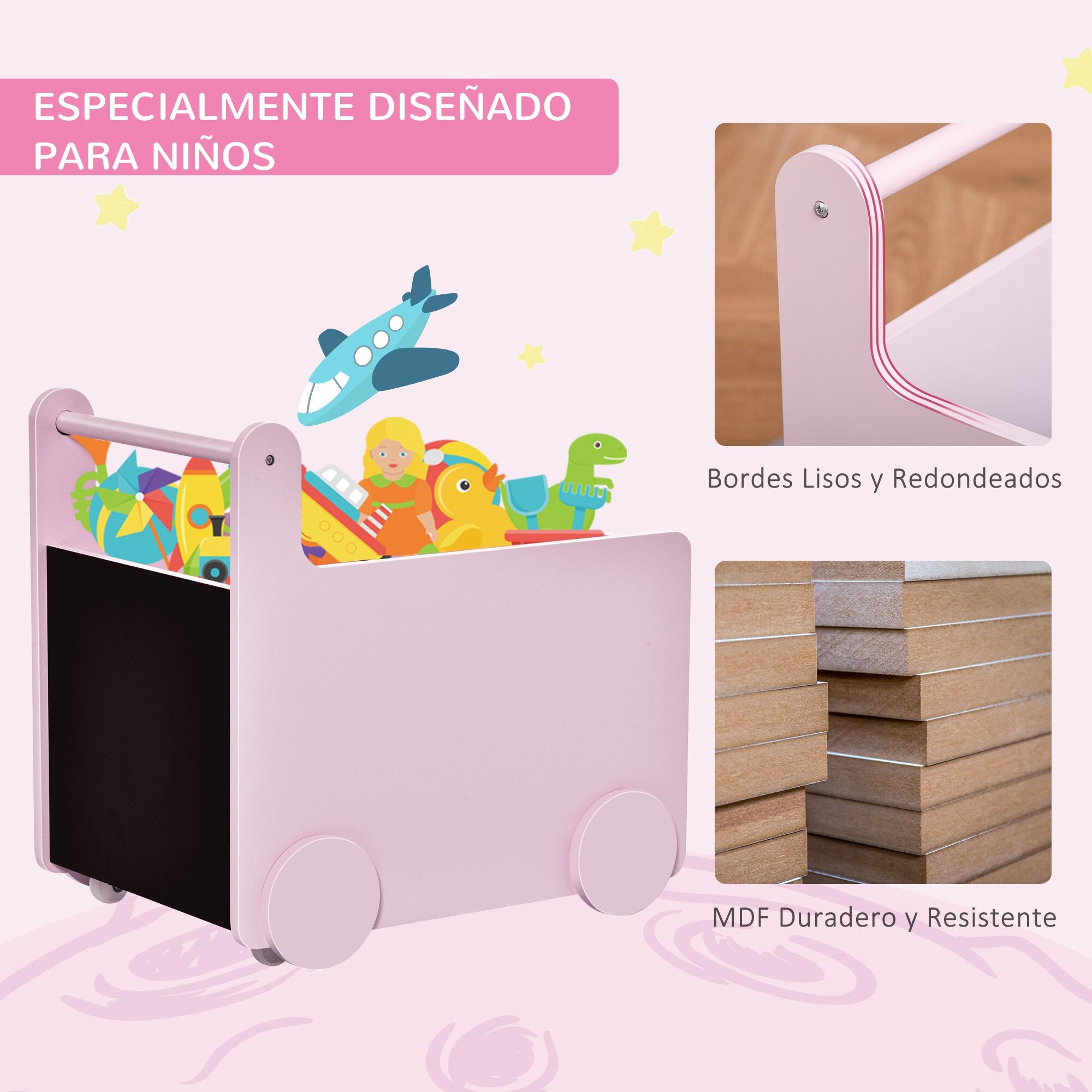 Caja de almacenamiento de juguetes infantil con ruedas, asa y 2 pizarras